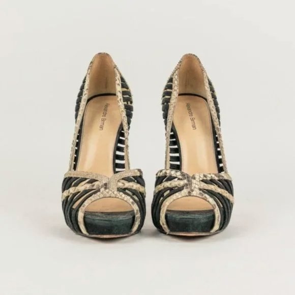 Alexandre Birman Betty Black Suede and Natural Python Peep-Toe Platform Pumps - Picture 2 of 7